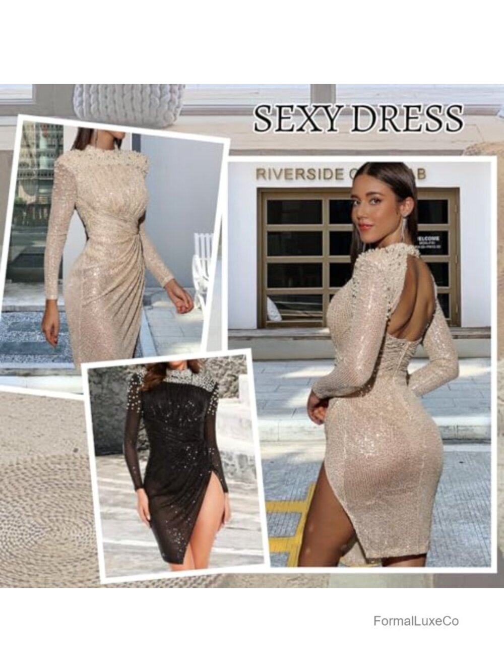 Long Sleeve Backless Mesh Rhinestone Bodycon Dress Ruched Prom Mini - Picture 4 of 6